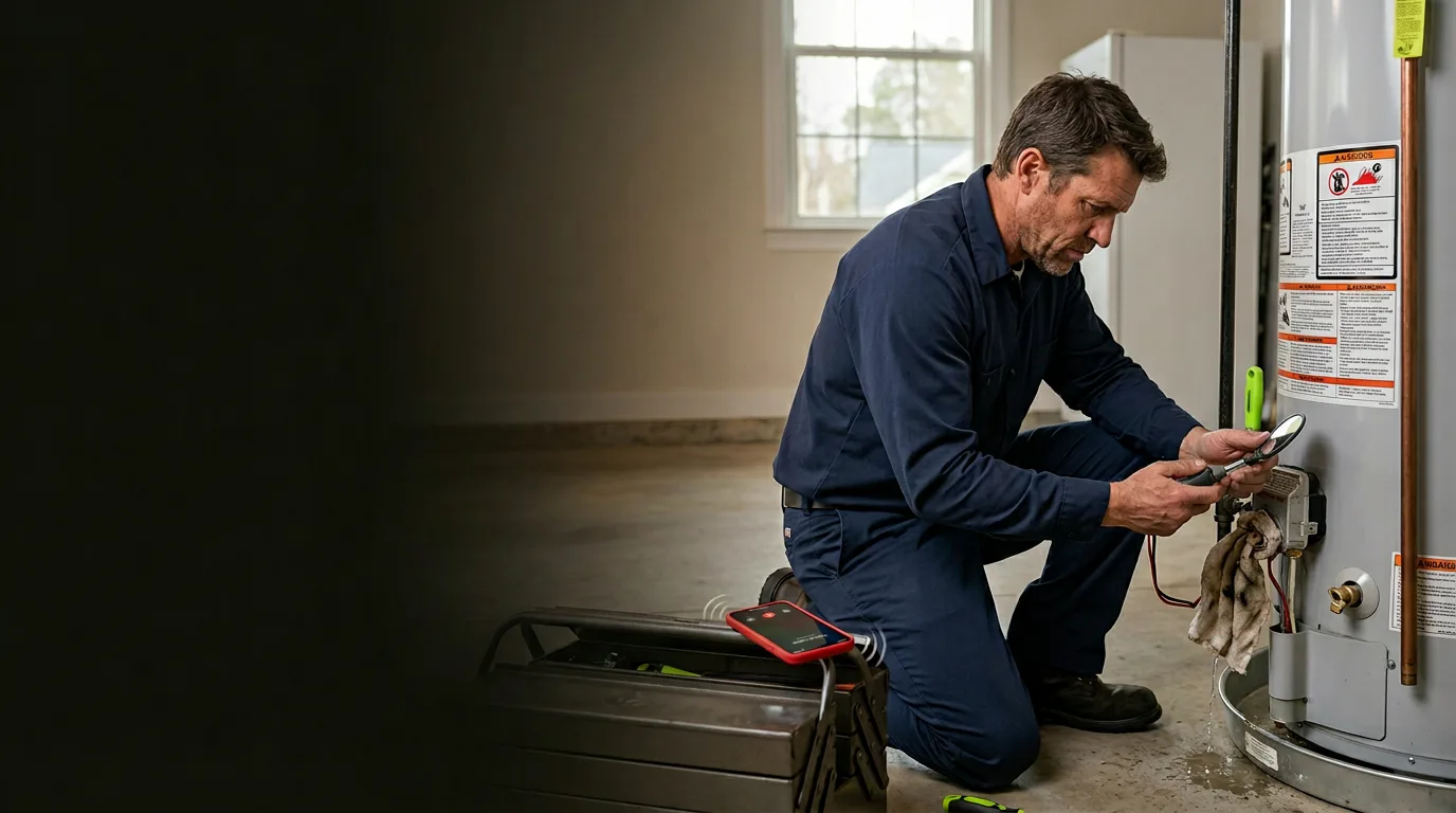 Plumber working beside a water heater while a phone rings on the tool box