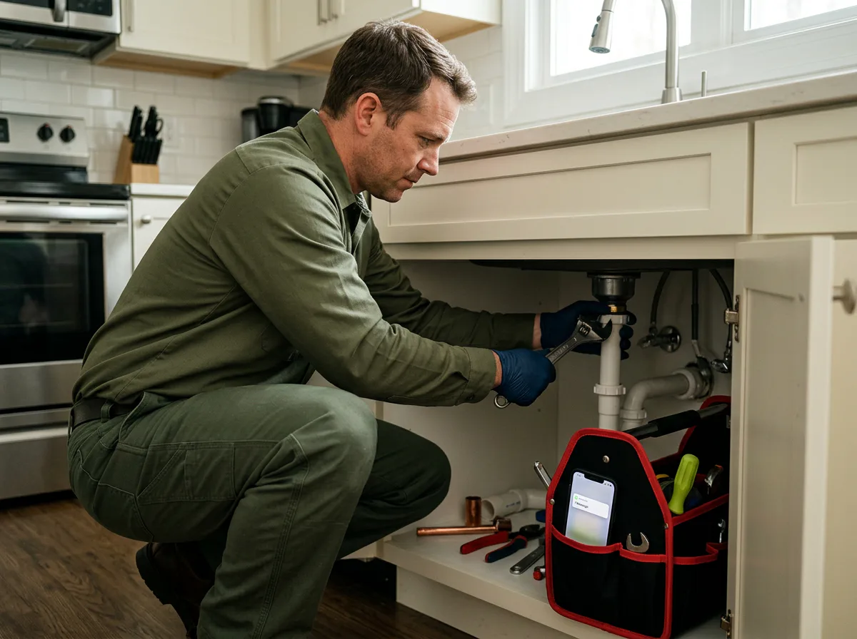 Plumber working under a sink with a phone visible in a tool bag